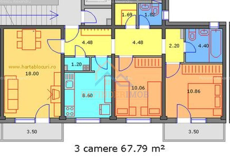Rahova 3 camere, decomandat, 2 bai, 2 balcoane
